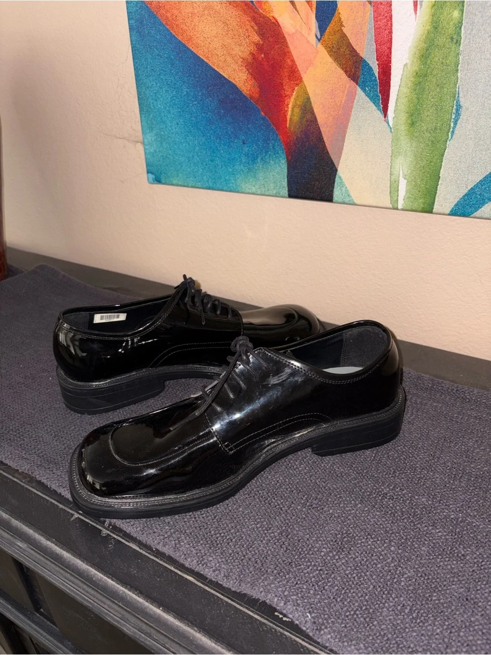 Men’s American Vintage Gloss Black Leather Dress Shoes Polished Oxfords, size 12